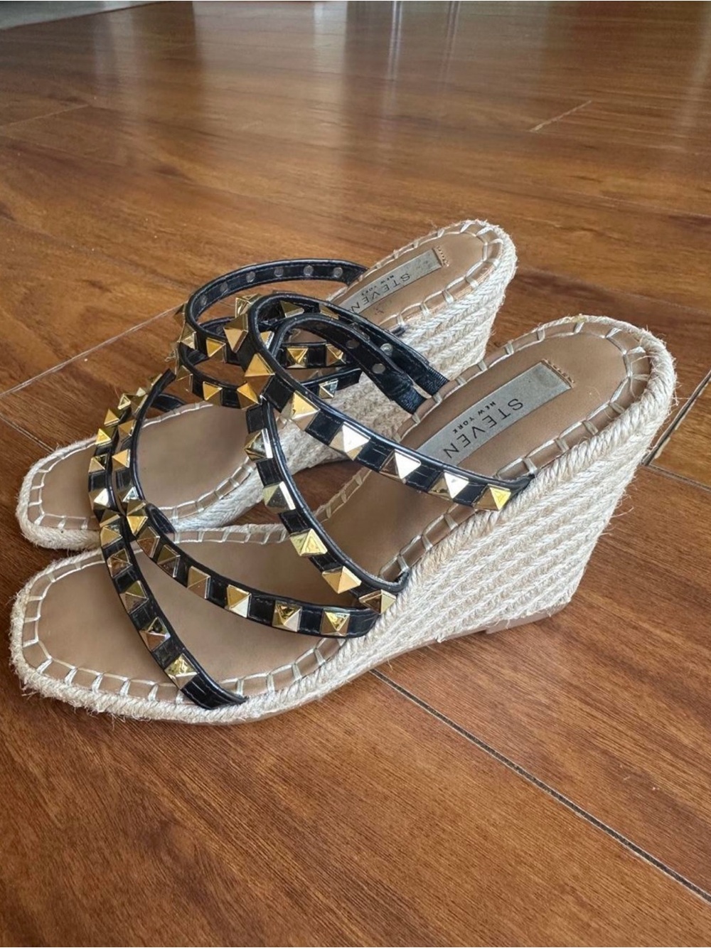 Steve Madden Black Strappy Wedge Sandals with Gold Studs